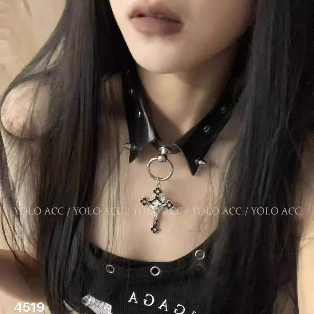 非金属皮质项链 1007锁骨链十字架项圈哥特风朋克颈链金属辣妹