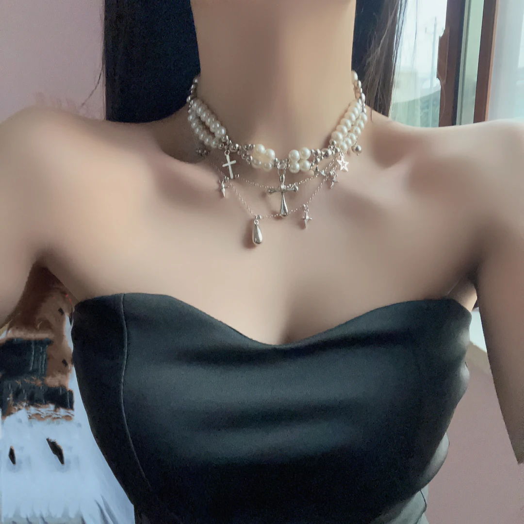 非金属仿珍珠项链 简约百搭多层叠代串珠项链十字架流苏锁骨链