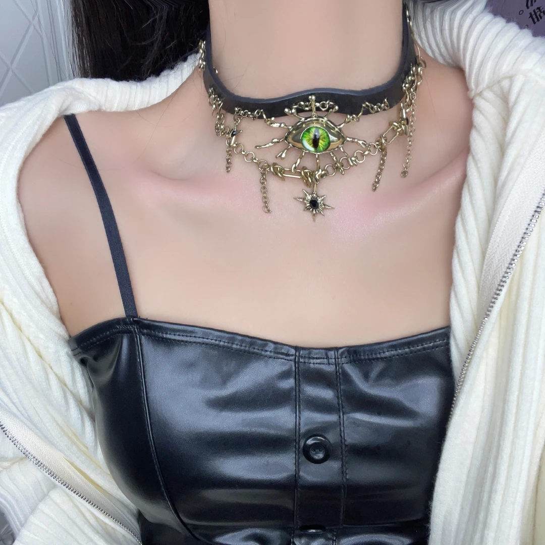 铜合金皮质项链 复古暗黑绿恶魔之眼亚文化甜酷辣妹皮项圈chokey