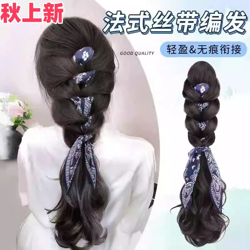 假发辫子复古腰果碎花发带编发抓夹式麻花辫自然无痕逼真抓夹马尾