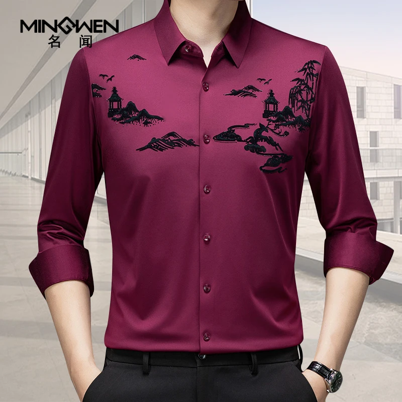 冰丝长袖衬衫男春秋季薄款时尚潮流高级感中国风植绒印花宽松衬衣