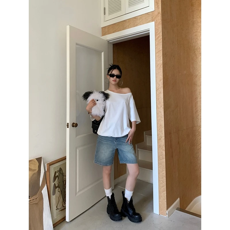 iLEFT左边女装直筒五分裤高腰短裤2024夏季新款宽松显瘦牛仔裤