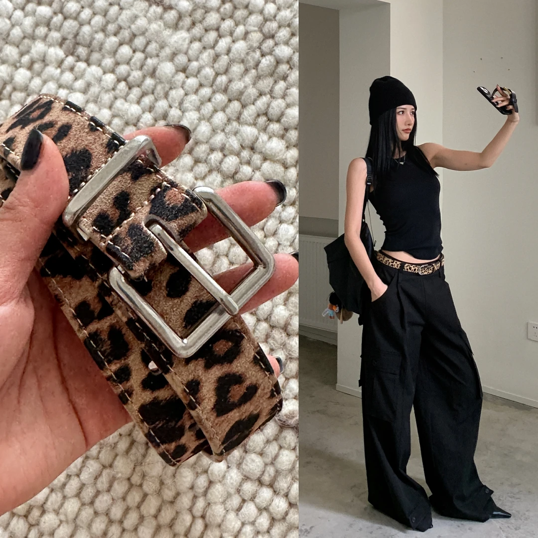 iLEFT左边日常穿搭配饰 时髦豹纹牛皮腰带皮带