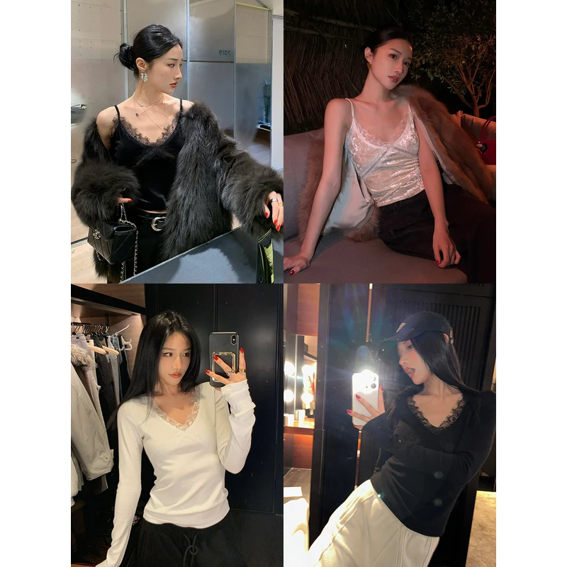 左边女装内搭上衣2024秋冬新款丝绒睫毛蕾丝拼接吊带/长袖打底衫