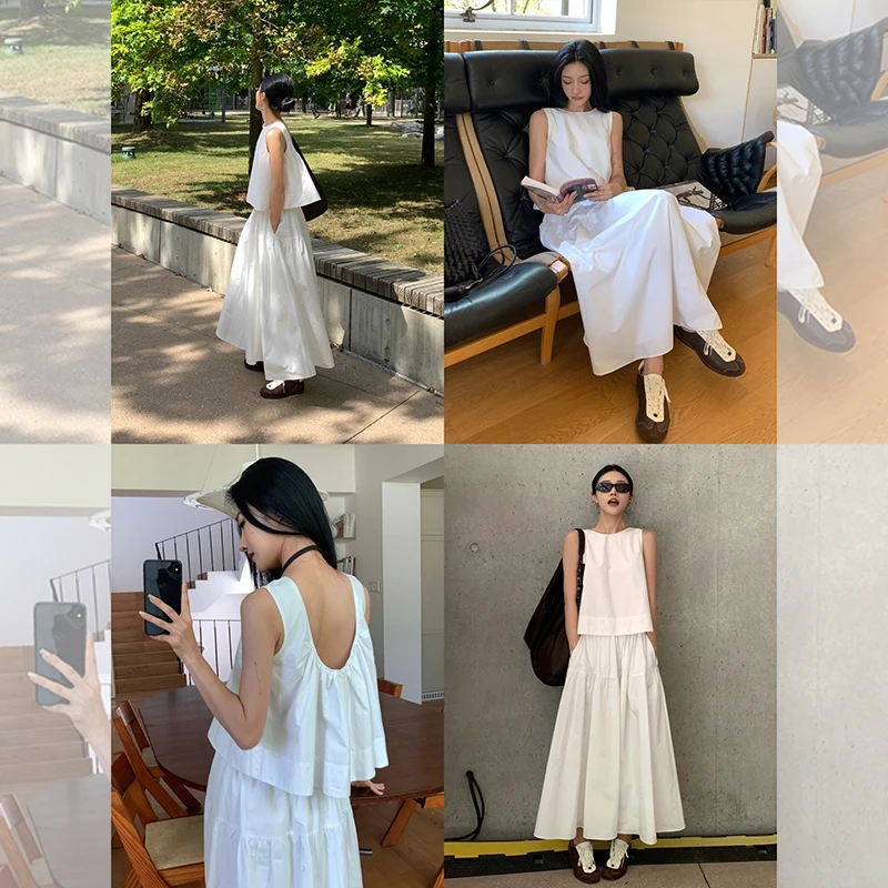 iLEFT左边女装时尚套装2024夏季新款漏背上衣+花苞半身裙两件套