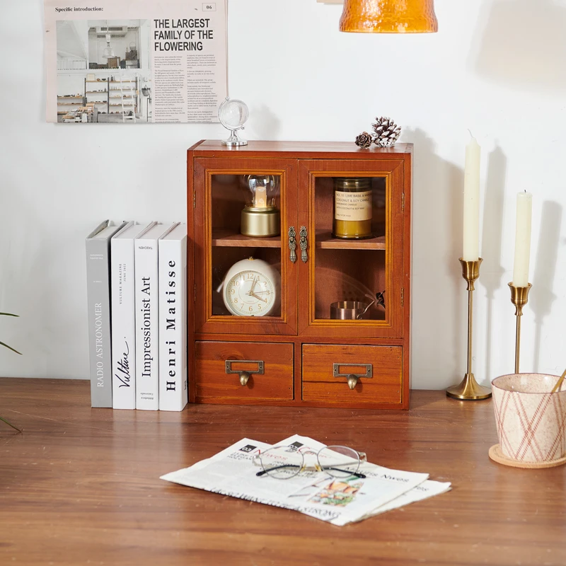 复古抽屉式防尘家用收纳柜桌面装饰木质置物柜化妆品护肤品储物