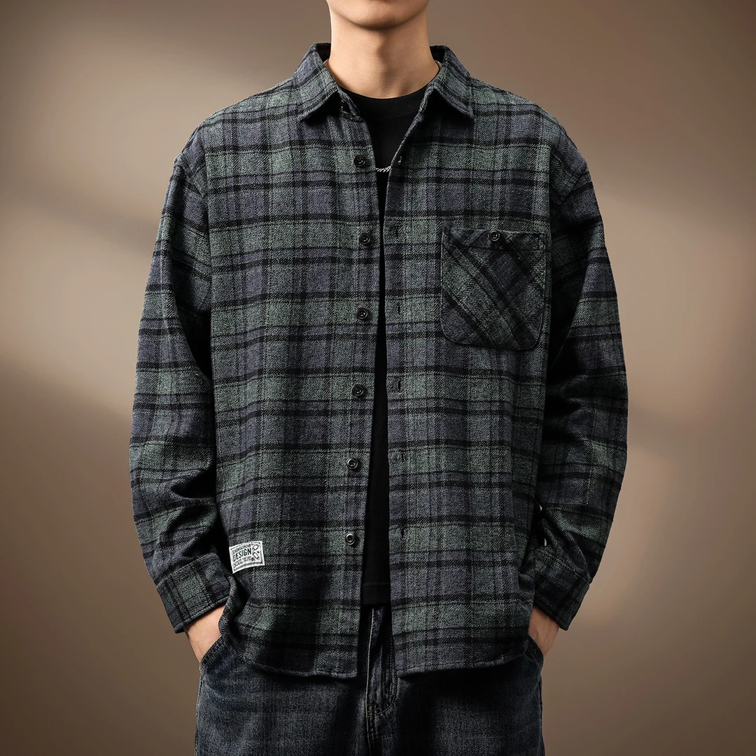 高端重磅毛呢格子衬衫外套男秋季潮流宽松休闲大码磨毛长袖衬衣男