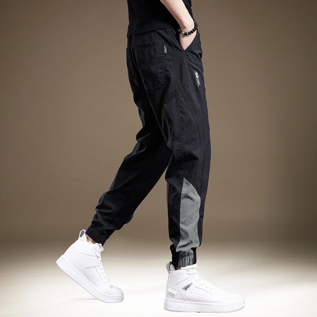 高端美式冰丝速干休闲裤男夏季薄款拼接宽松束脚痞帅弹力运动裤男