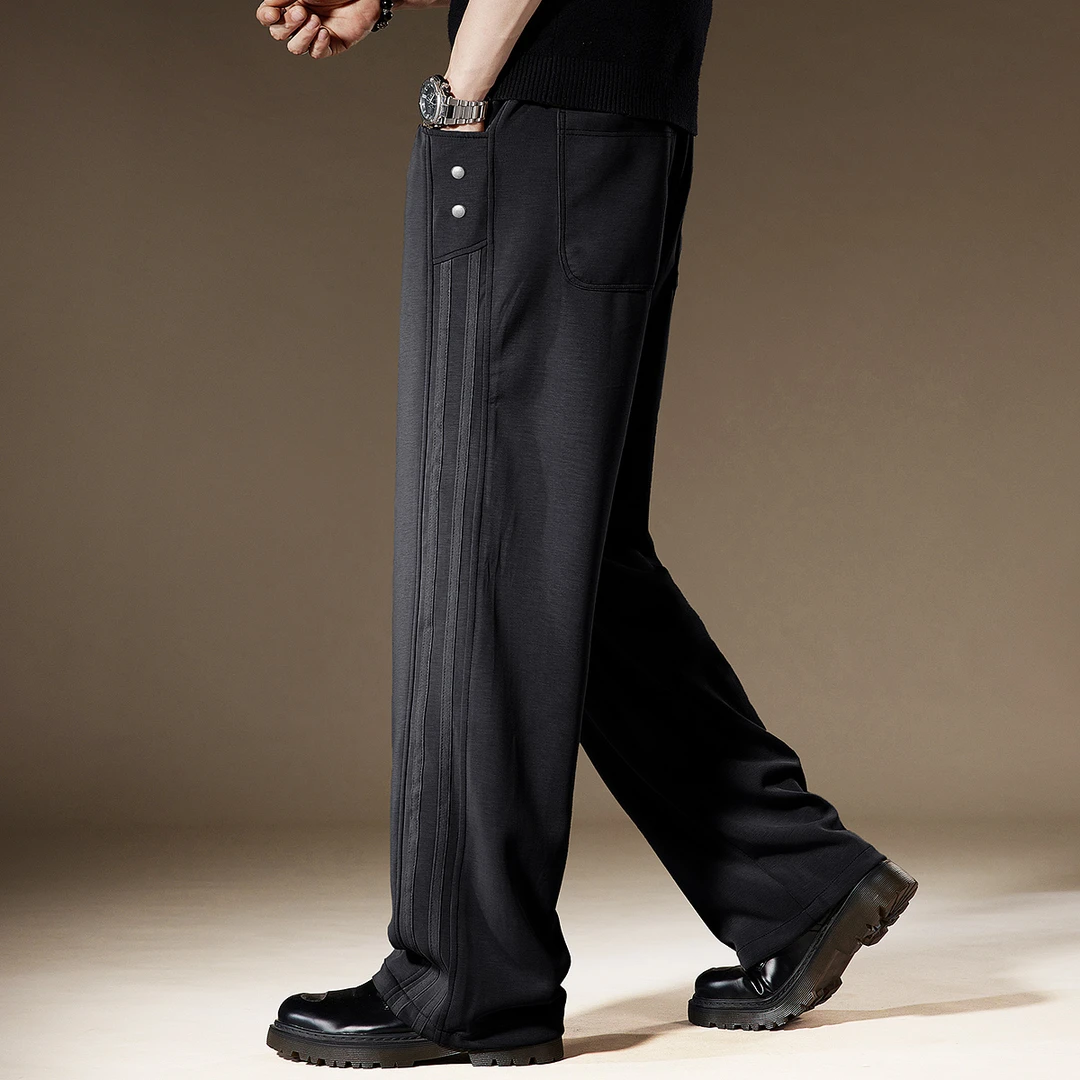 高端美式垂感阔腿休闲裤男秋季加绒侧条纹宽松大码运动直筒裤子男