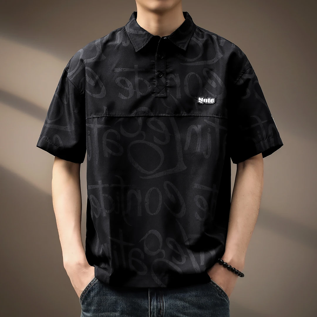 美式冰丝薄款印花速干工装Polo衫男夏季潮牌宽松大码短袖t恤衬衫