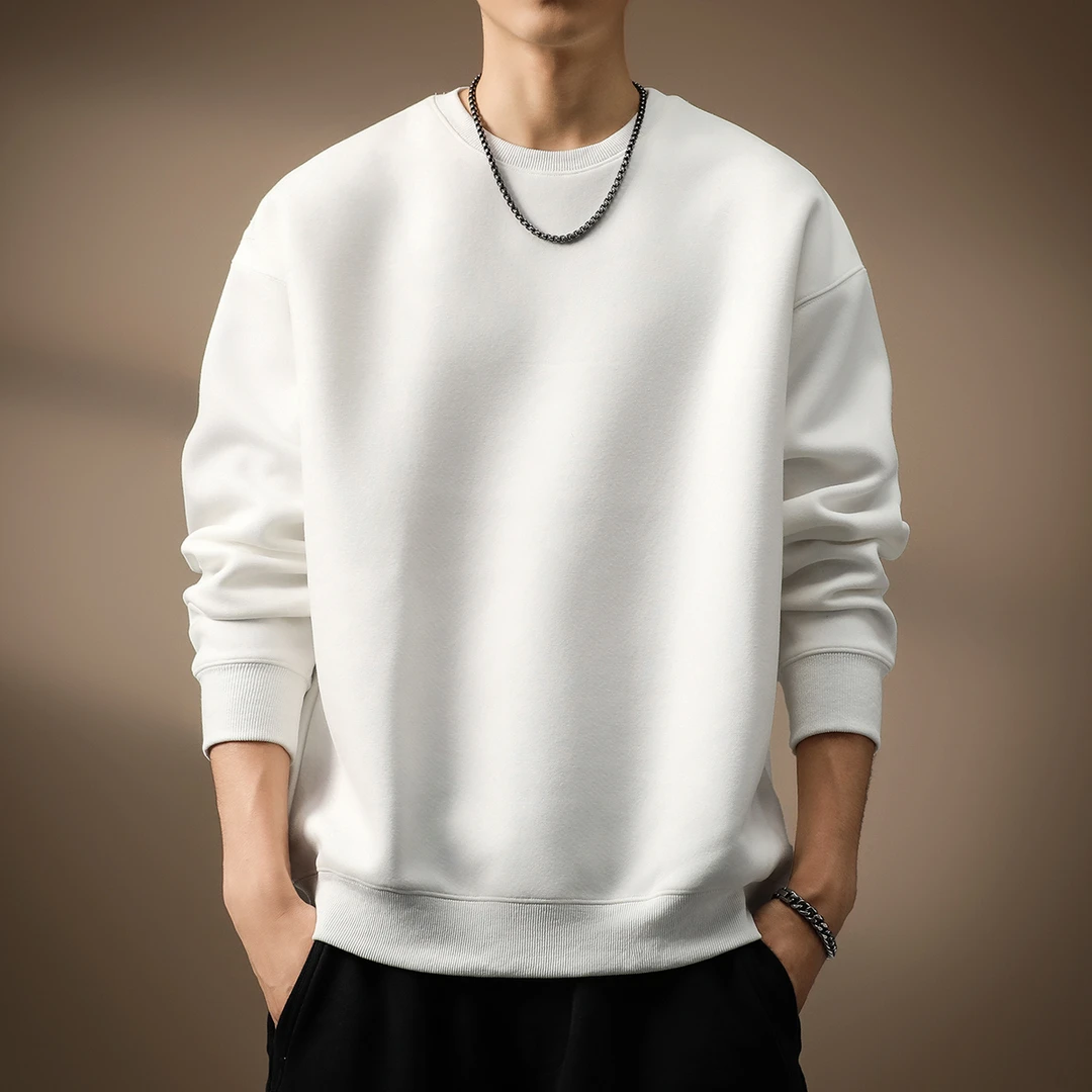 高端纯色基础款重磅卫衣男秋季宽松圆领长袖T恤上衣内搭打底衫潮