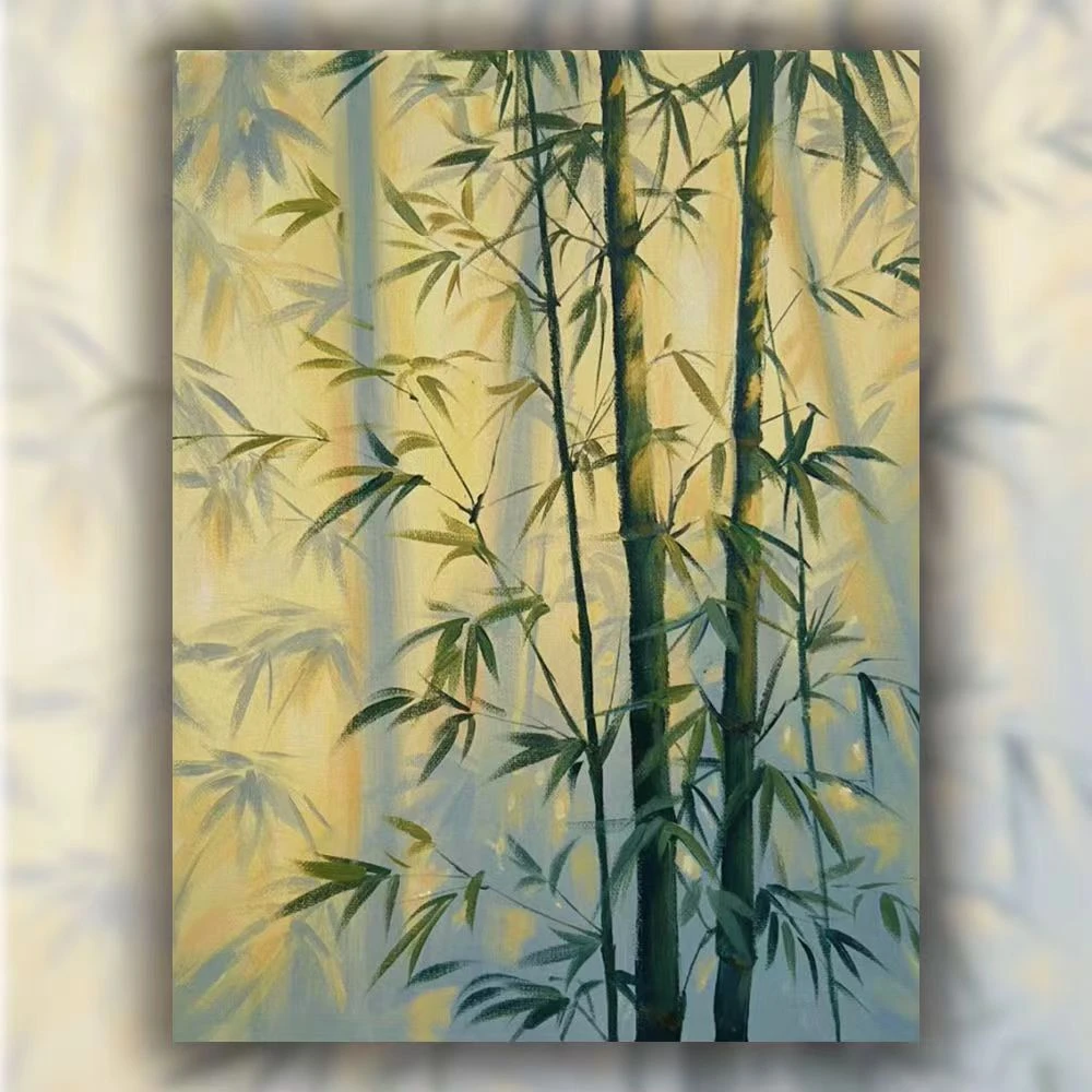 diy数字油画简约绿竹叶子花瓶款手工手绘填色丙烯挂画装饰画