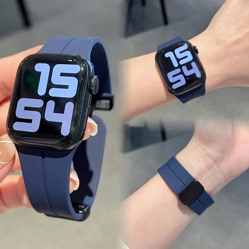 适用苹果手表Apple watch8硅胶磁吸折叠扣简约百搭表带iwatch7654