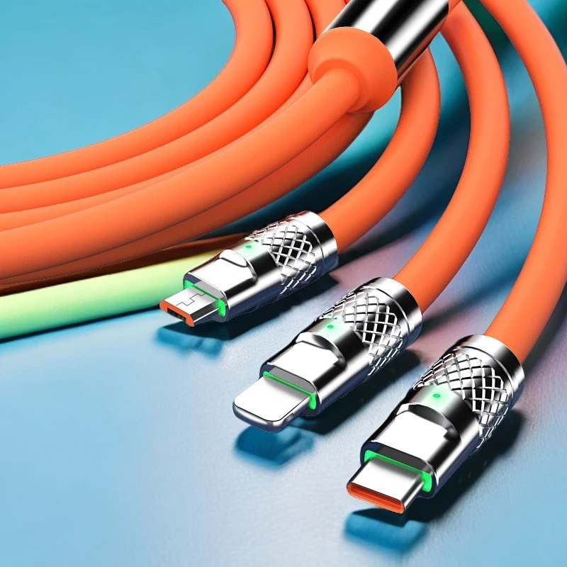 新款锌合金120W快充一拖三充电线适用苹果安卓type