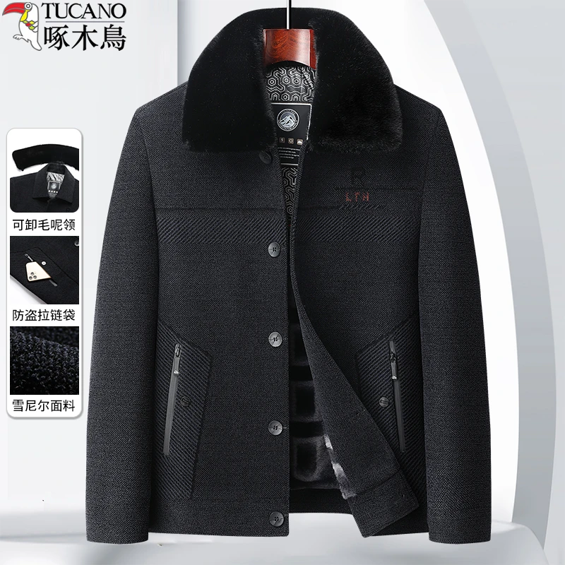 啄木鸟中老年人爸爸雪尼尔加绒加厚夹克中年男装大毛领纽扣款外套