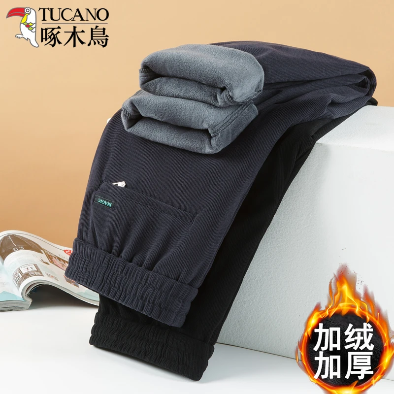 啄木鸟灯芯绒男士加绒休闲裤直筒宽松条绒秋冬款爸爸装高腰男裤子