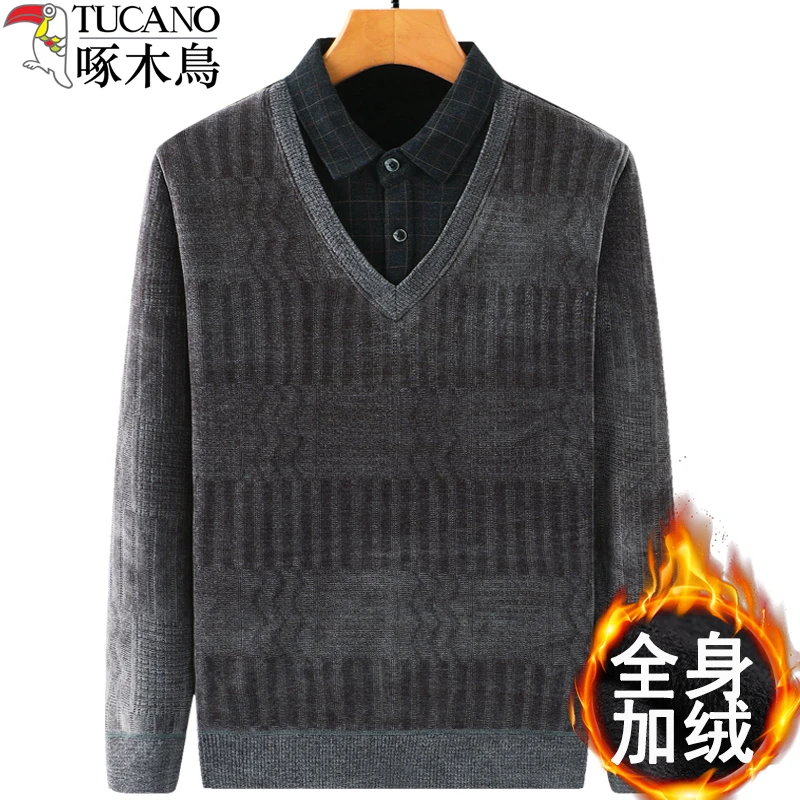 啄木鸟男士加绒加厚毛衣爸爸冬季雪尼尔假两件保暖上衣中老年男装