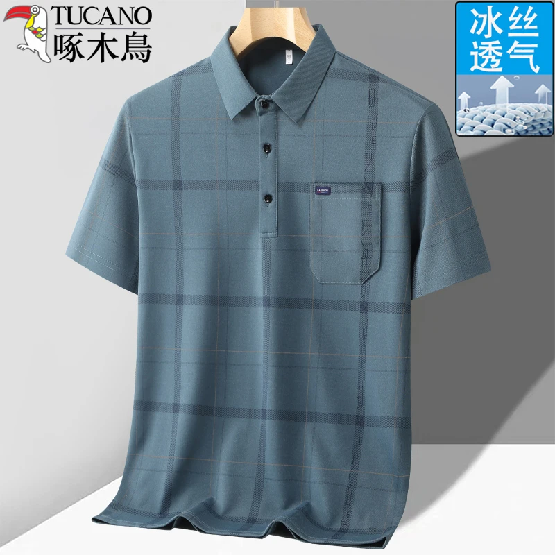 啄木鸟爸爸夏装短袖T恤冰丝夏季中老年男士商务休闲polo衫上衣服