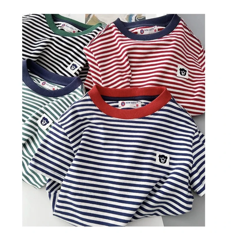 条纹风！儿童夏季刺绣小熊中大童条纹纯棉T恤短袖   073