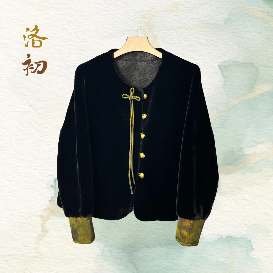 【绿湖】新中式做旧华贵大气中国风复古优雅时尚百搭毛领女士外套