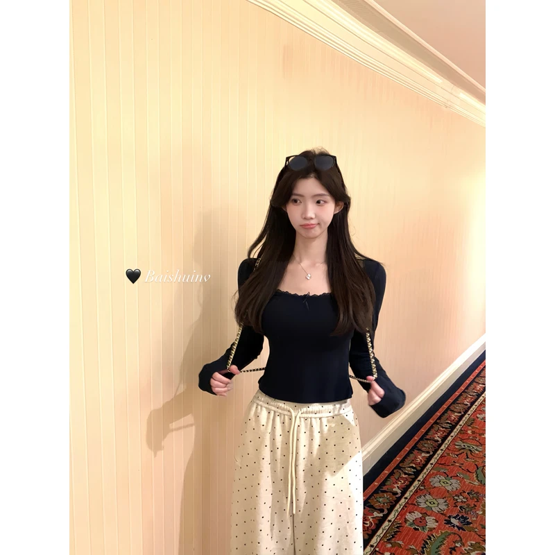 白水女 亲肤柔软感 大圆领花边打底衫内搭保暖修身上衣B41146754