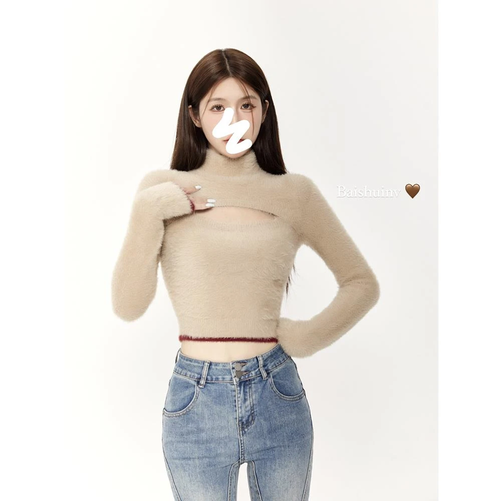 白水女【冬季清仓款】 镂空毛衣圆领针织套头短款上衣B2112283