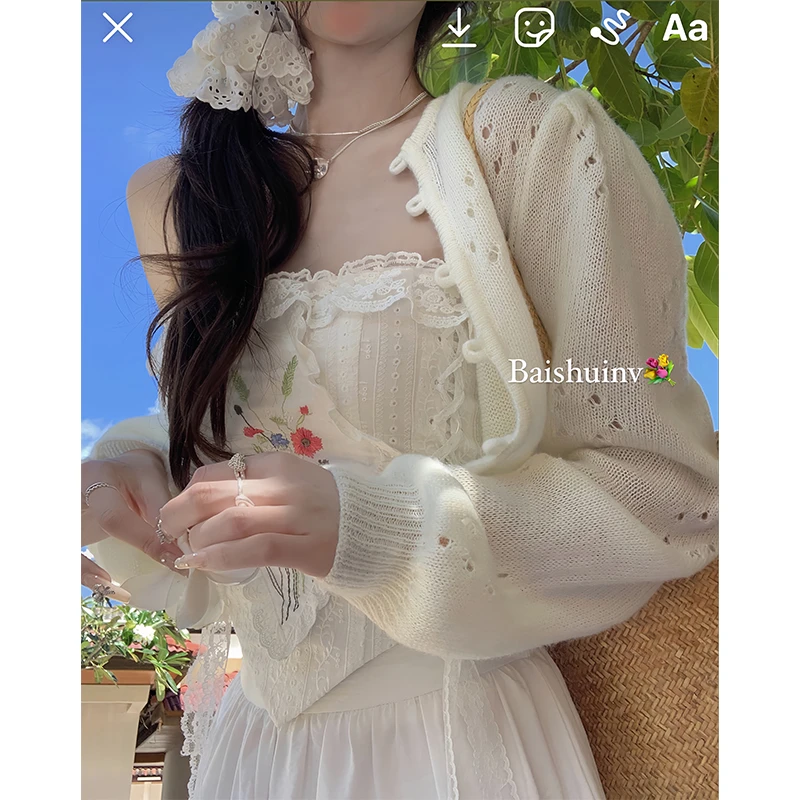 白水女【清清款】百搭镂空开衫毛衣设计感长袖针织短开衫B4025073