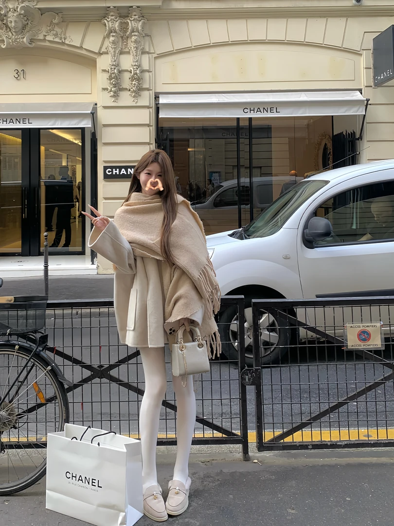 白水女【清仓款】双面羊毛大衣女秋冬宽松气质保暖外套B40945031