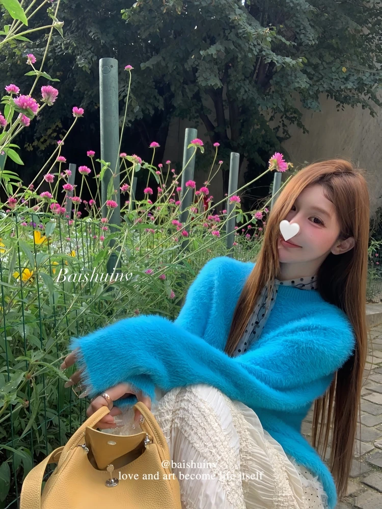 白水女【清清款】圆领毛衣女秋冬慵懒软糯宽松保暖上衣B40944851