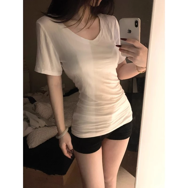 白色棉正肩V领短袖t恤女夏季美式修身显瘦短款辣妹收腰纯欲上衣