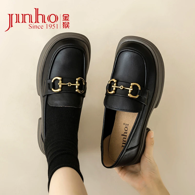 Jinho/金猴真皮复古英伦风女士粗跟皮鞋复方头百搭乐福鞋SQ50070A