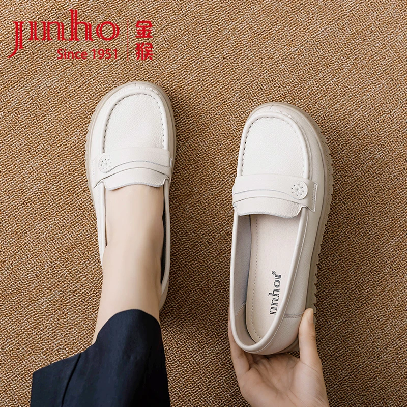 Jinho/金猴百搭圆头真皮女单鞋春秋休闲软底浅口皮鞋妈妈鞋59132A