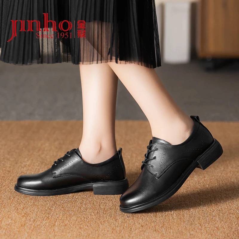 Jinho/金猴百搭系带女鞋圆头通勤OL黑色上班低跟女士皮鞋Q18055A