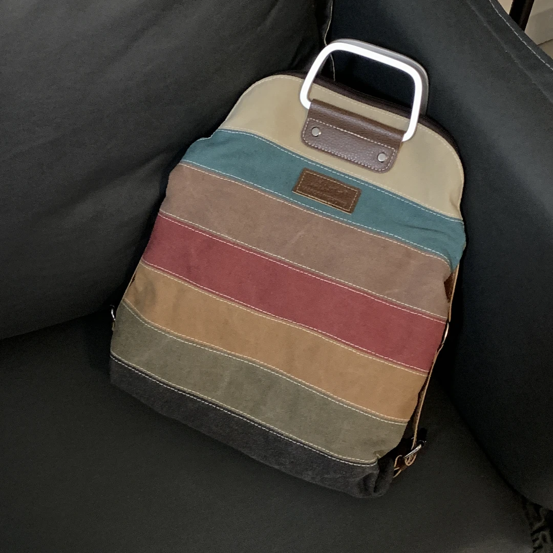 小众复古条纹韩系拼接帆布彩虹中古多背设计感复古单肩斜挎双肩包