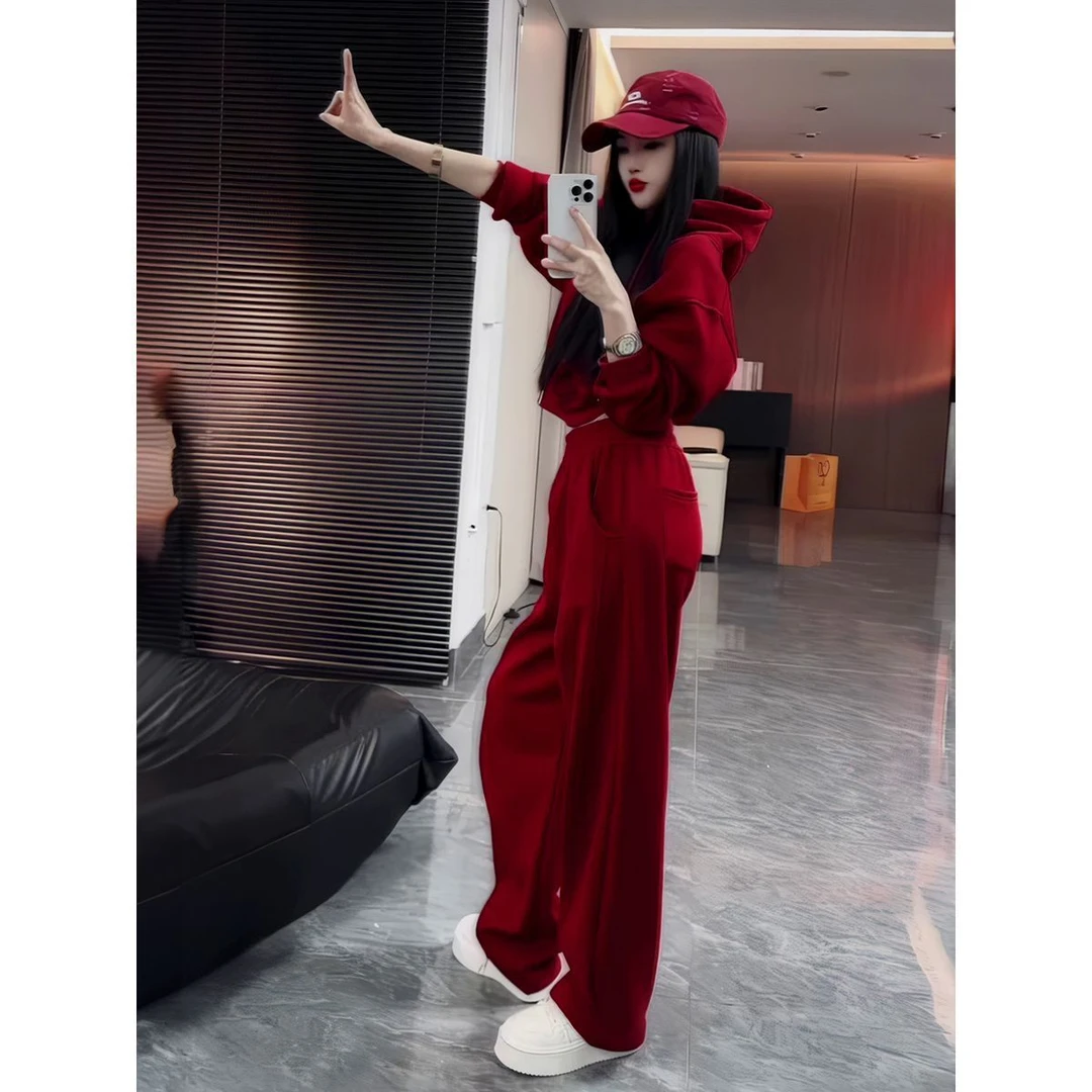 安可拉红色运动套装女秋冬新款宽松休闲卫衣阔腿裤时尚加绒两件套