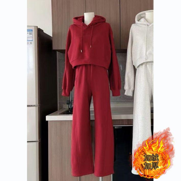 深冬装搭配一整套2024新款加绒新年红色时尚休闲卫衣卫裤两件套装