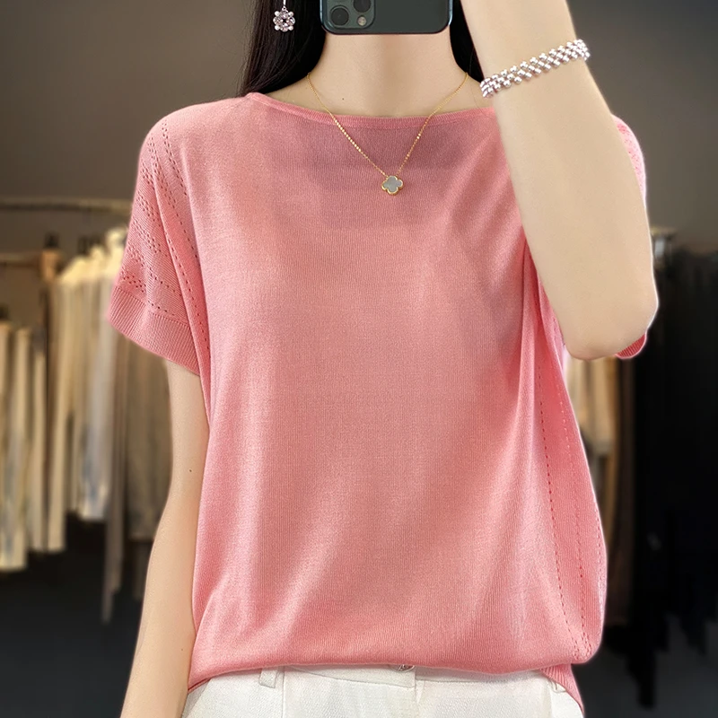 夏季100%天丝短袖女纯色薄款圆领镂空套头半袖背心T恤衫上衣N2389