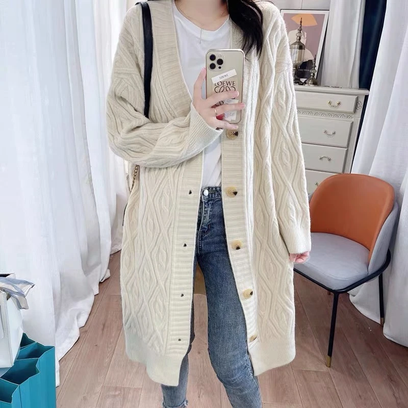 秋冬季慵懒风宽松麻花针织毛衣开衫女中长款过膝显瘦时尚外套上衣