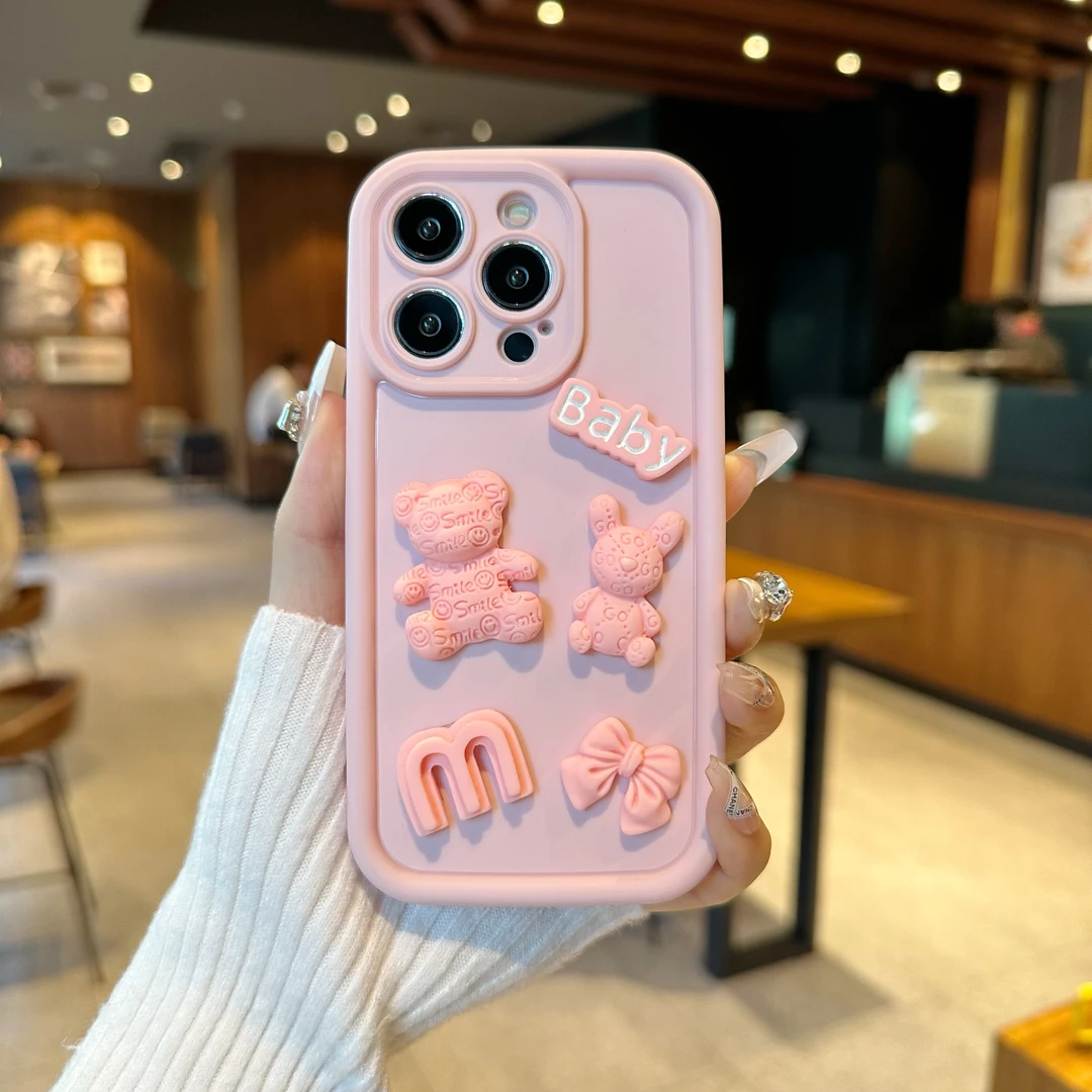 立体小熊兔子适用苹果15硅胶全包手机壳iPhone14pro防摔13/12/11