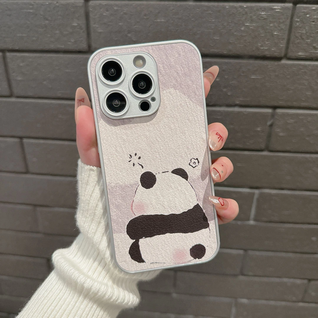 熊猫背影金属漆玻璃适用苹果15手机壳iPhone14pro包边保护套13/12