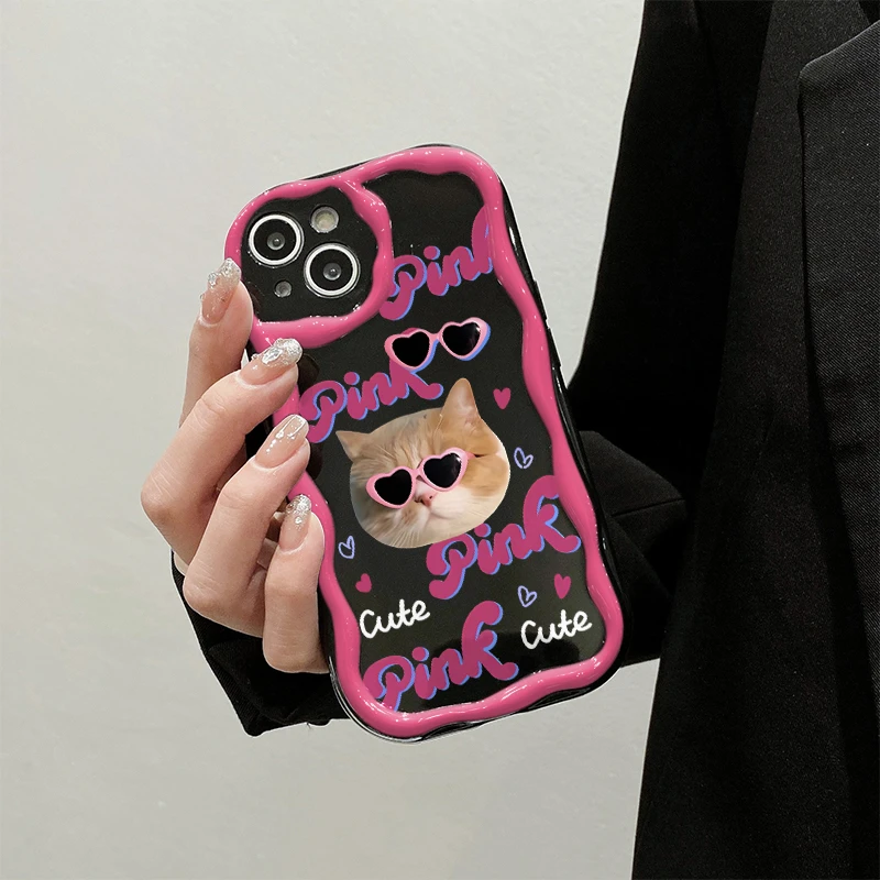 墨镜猫咪曲边纹苹果15全包手机壳(华为oppo小米vivo)mate60软硅胶