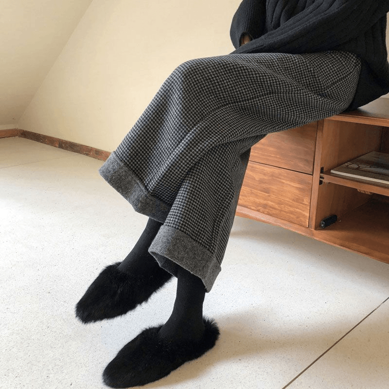 个性千鸟格毛呢高档阔腿裤女秋冬季复古高腰宽松直筒裤加厚九分裤