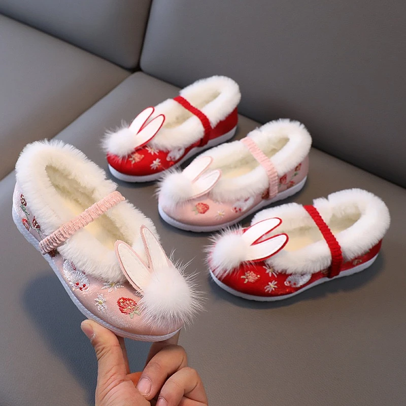 女童拜年鞋儿童中国风加绒加厚绣花古风汉服鞋保暖冬季秋冬古装鞋