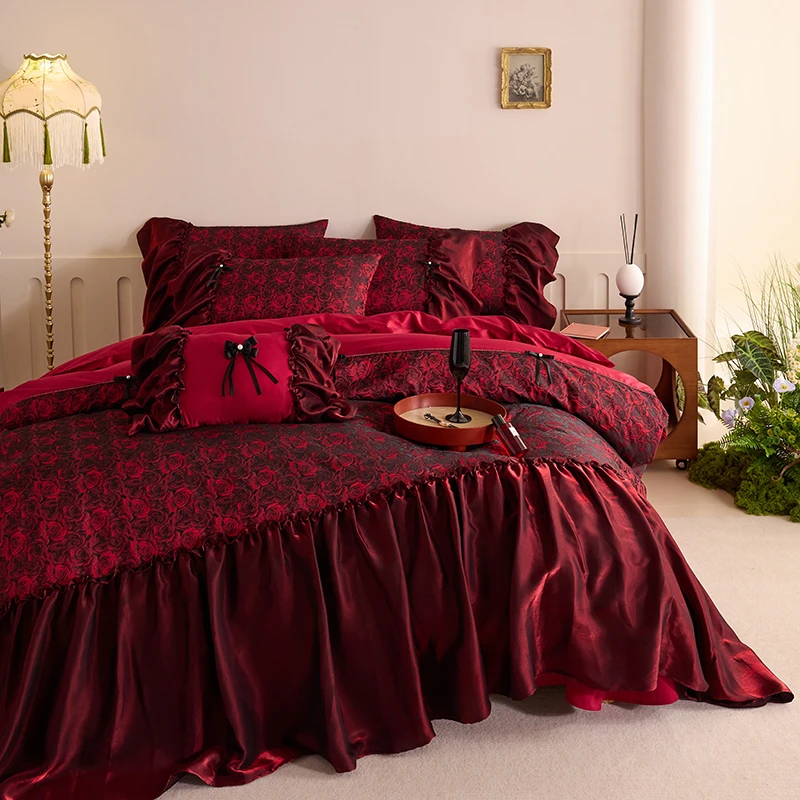 公主风纯棉蕾丝被套婚庆款四件套韩式长绒棉全棉结婚四件套礼盒装