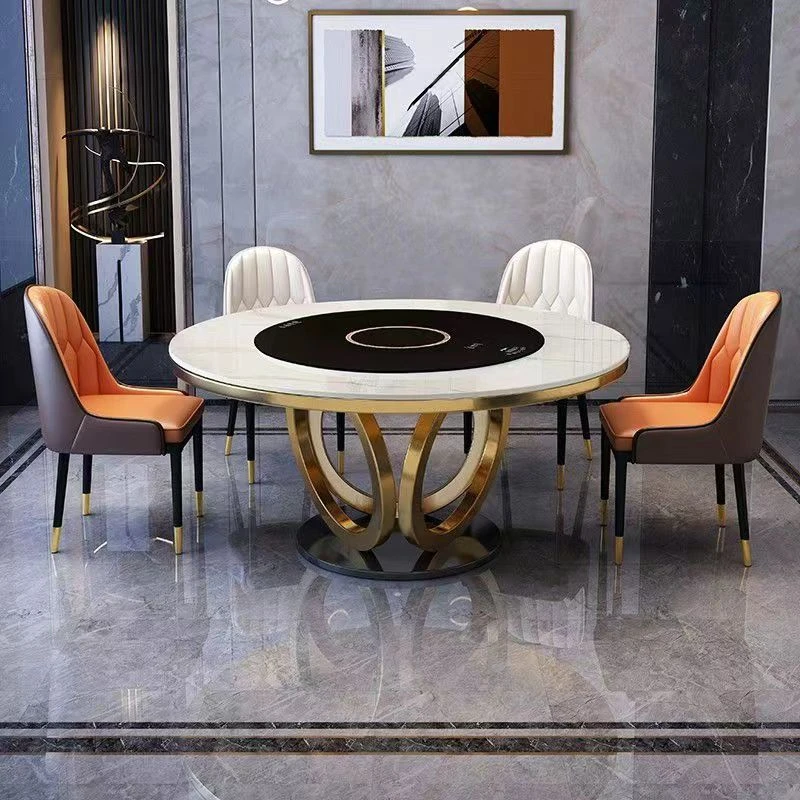 意式轻奢岩板带电磁炉火锅家用小户型餐桌椅组合多功能圆餐桌