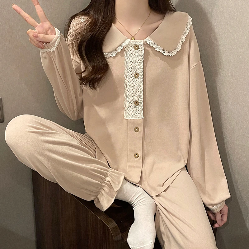 杏色公主风睡衣女冬季德绒保暖套装甜美开衫长袖长裤冬天家居服