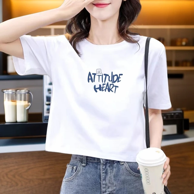 100%纯棉短款白T恤衫显瘦上衣女宽松韩版夏装小个子高腰潮流t恤女