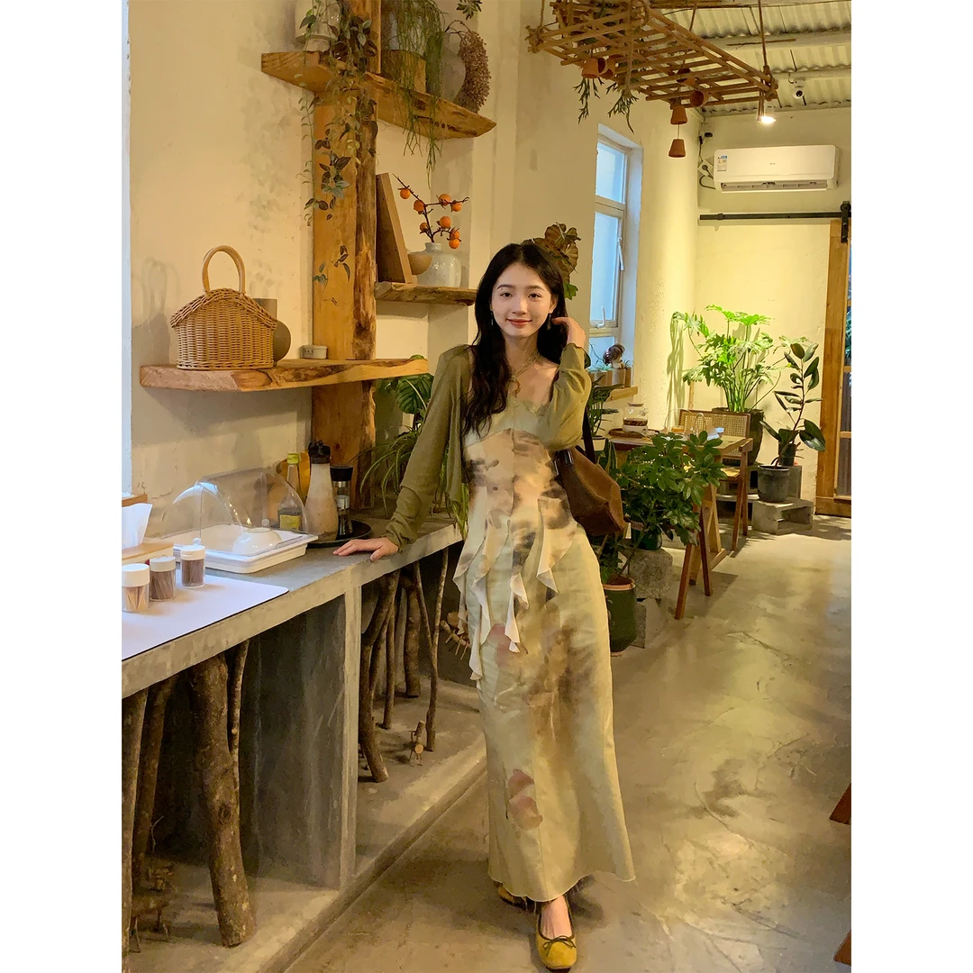 闭店青青《林荫鸣蝉》时尚显瘦气质挂脖上衣+半身裙套装纯棉小众