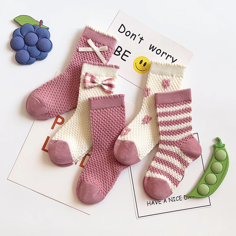 爱嘀嗒儿童袜秋冬季精梳棉透气吸汗日系甜美蝴蝶结中筒饰品针织袜