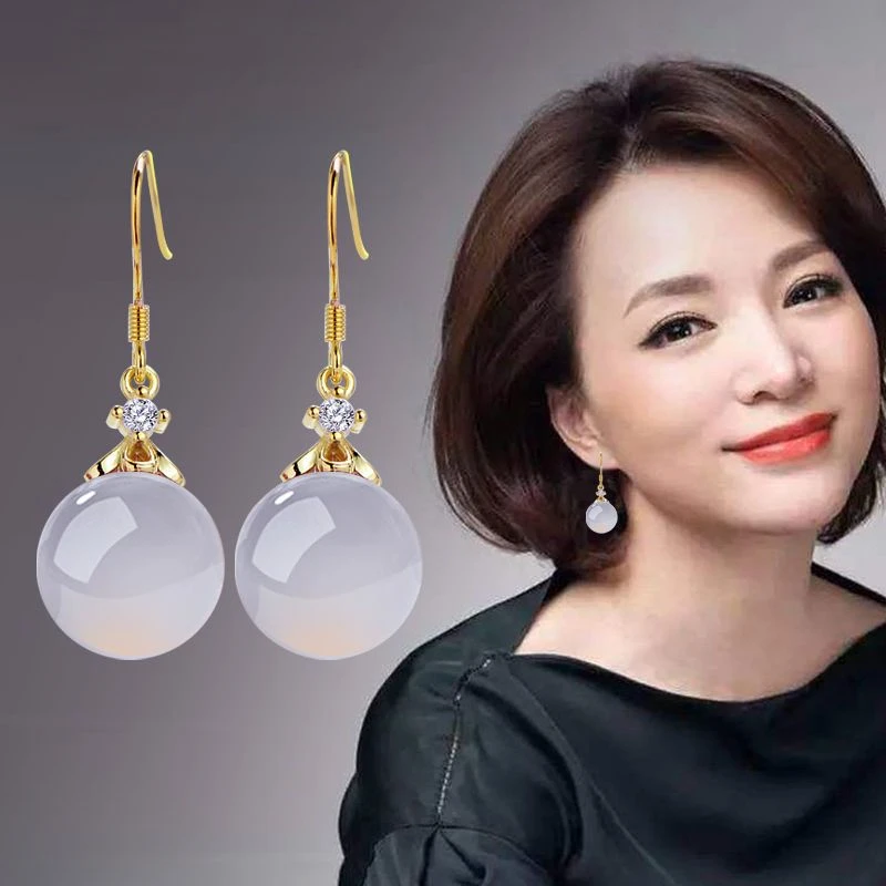 S925纯银耳环 防过敏玛瑙耳坠长度35毫米珠子12毫米新款高档百搭